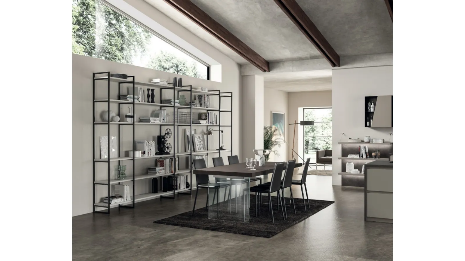 Libreria Living Liberamente sistema Metro in alluminio e decorativo Concrete Jersey di Scavolini