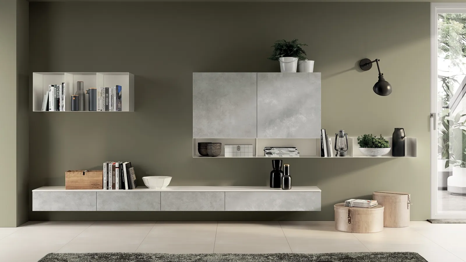 Parete Attrezzata Living Sax in decorativo Concrete Light di Scavolini