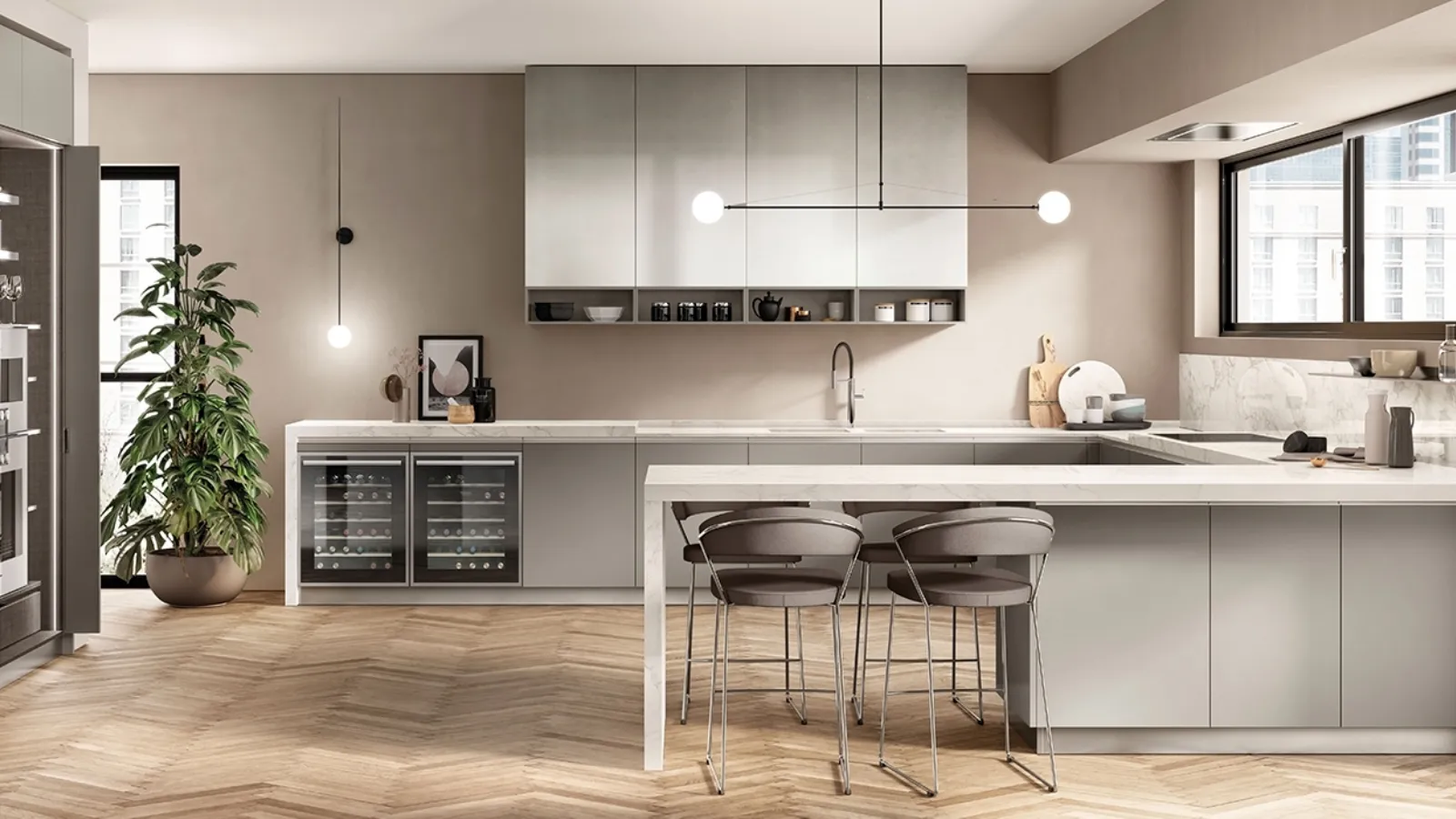 Cucina Moderna Boxi in laccato Grigio Titanio di Scavolini