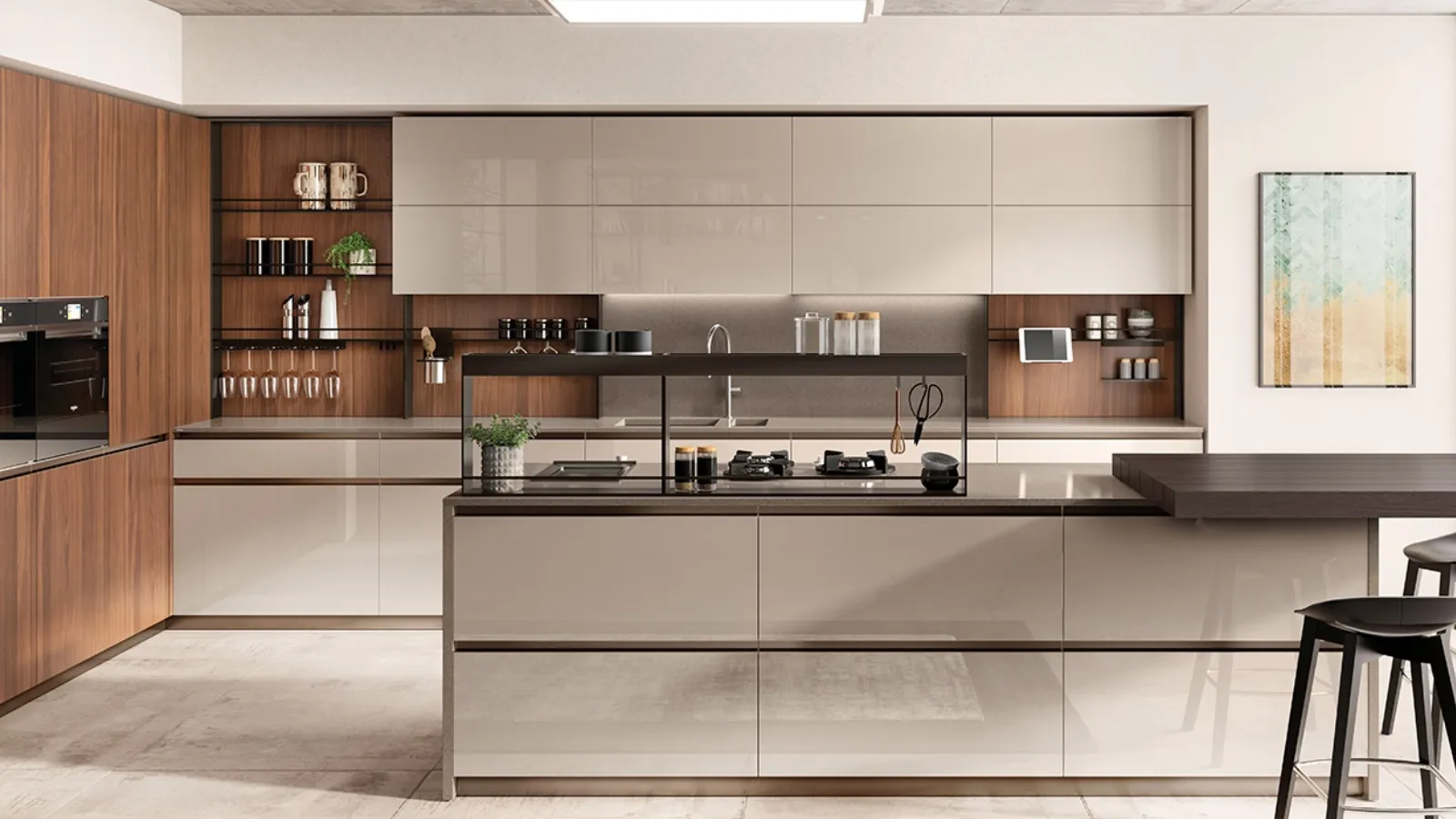 Cucina Moderna Boxi in laccato lucido Visone e Noce Sunset di Scavolini