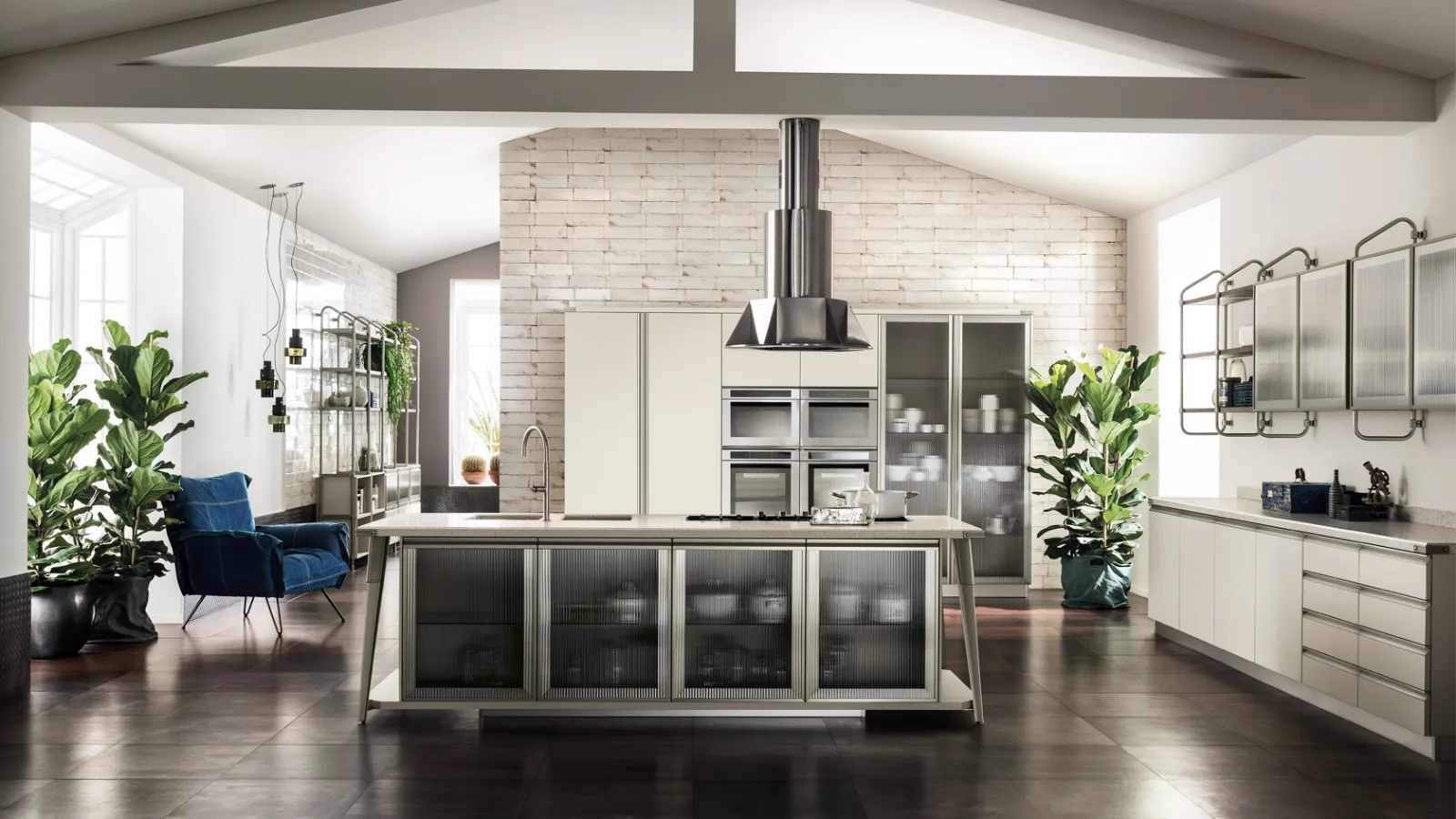 Cucina Moderna Diesel Open Workshop con Top in Quarz Motley di Scavolini