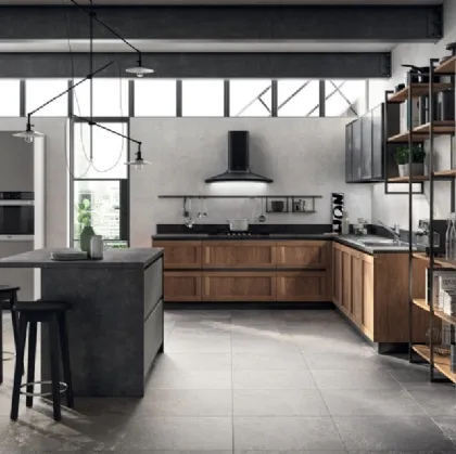 Cucina Moderna angolare con isola Evolution in decorativo Rovere Land e laminato Volcanic Ash di Scavolini