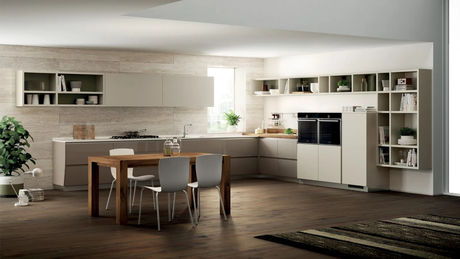 Cucina Moderna Flux Swing in laccato lucido Visone e opaco Tortora di Scavolini