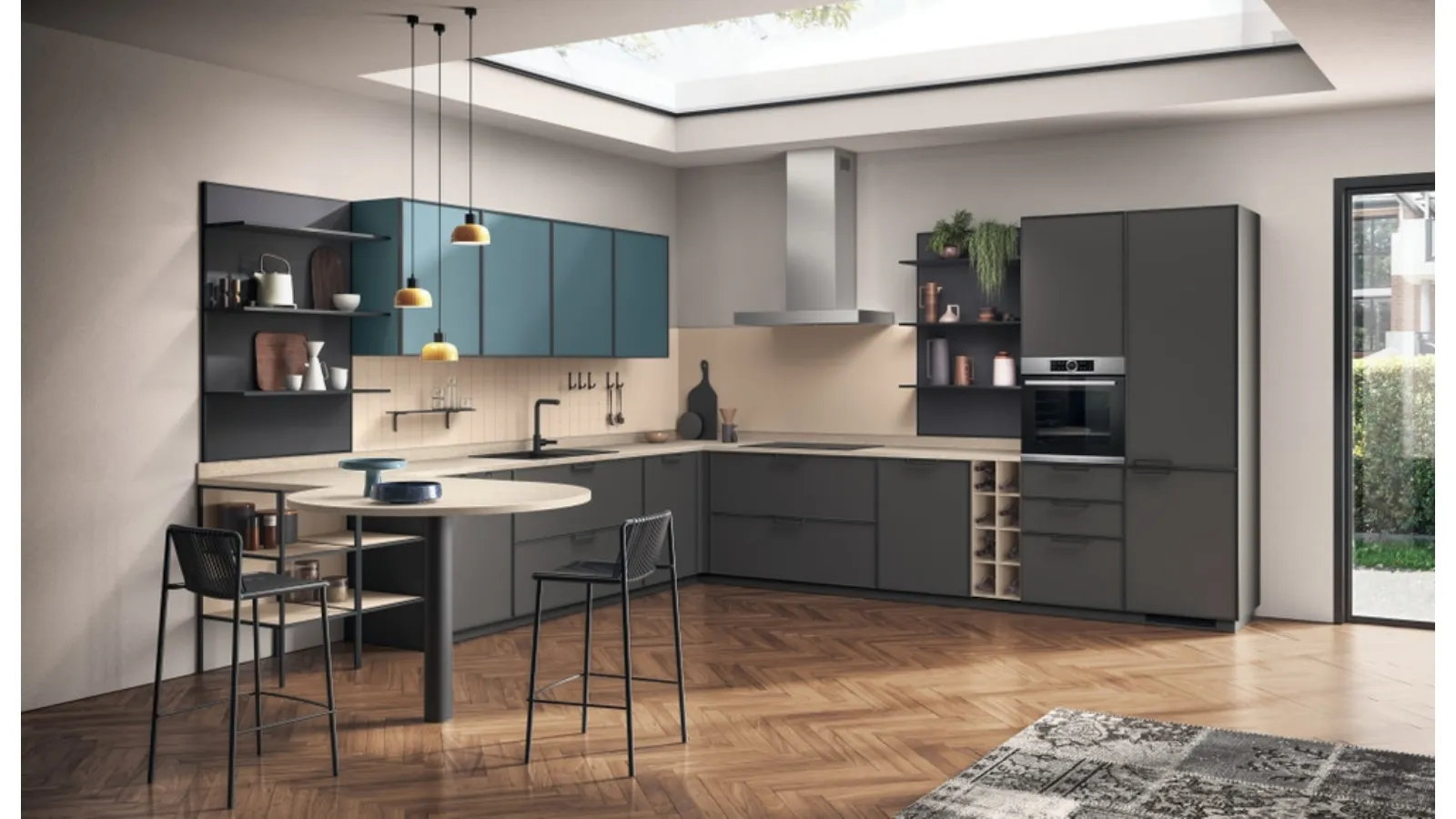 Cucina Moderna Jeometrica 02 in laccato opaco Grigio Ferro e Verde Ottanio di Scavolini