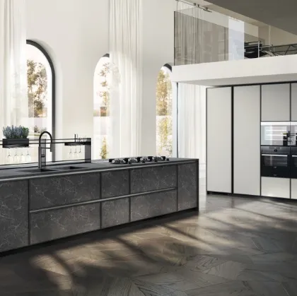 Cucina Moderna Jeometrica in gres Nero Greco e Fenix Grigio Efeso di Scavolini