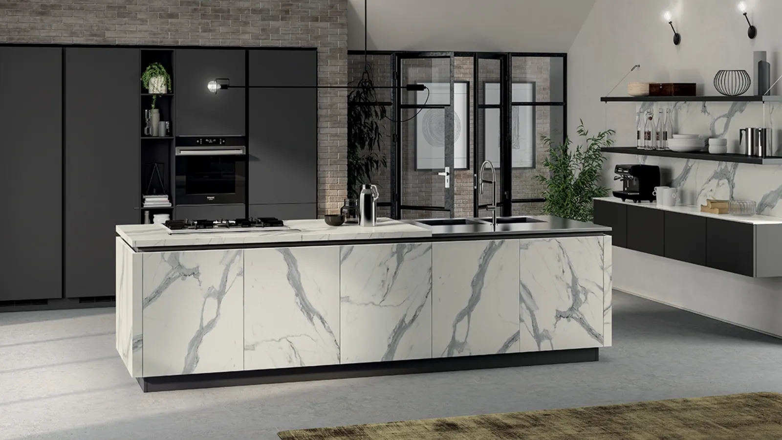 Cucina Moderna Liberamente in laminato Statuario e Grigio Ferro di Scavolini