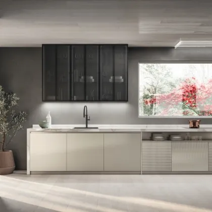 Cucina Moderna lineare Libra in vetro opaco rigato e liscio Perlage di Scavolini