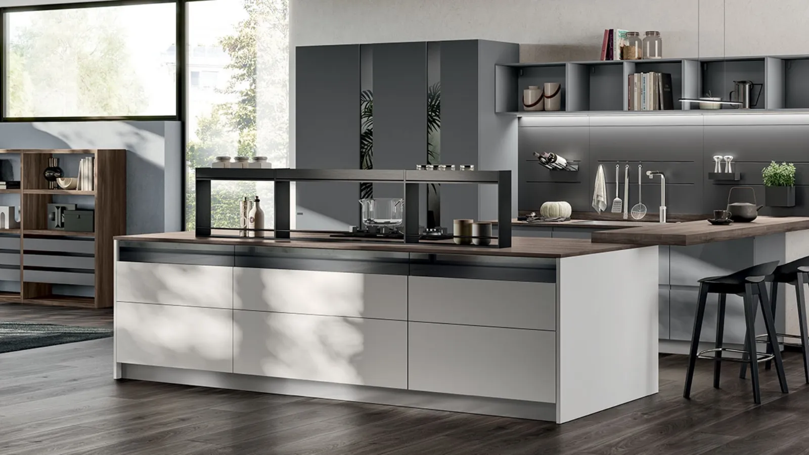 Cucina Moderna Motus in laccato Grigio Airone e Grigio Vulcano di Scavolini