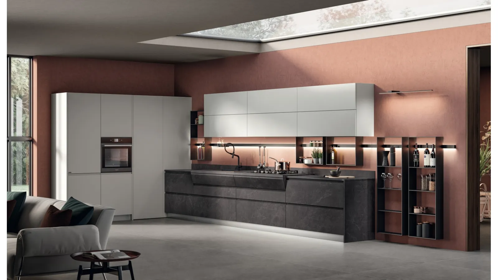 Cucina Moderna Motus in decorativo Pietra Abyss e laccato Grigio Airone di Scavolini