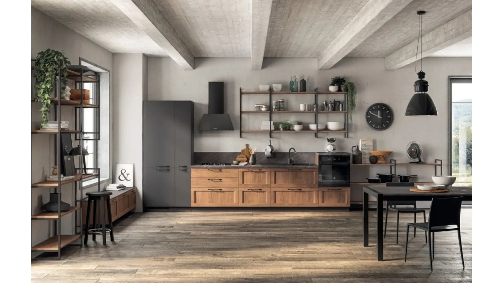 Cucina Moderna lineare Sax in decorativo Rovere Land e laccato opaco Grigio Ferro di Scavolini