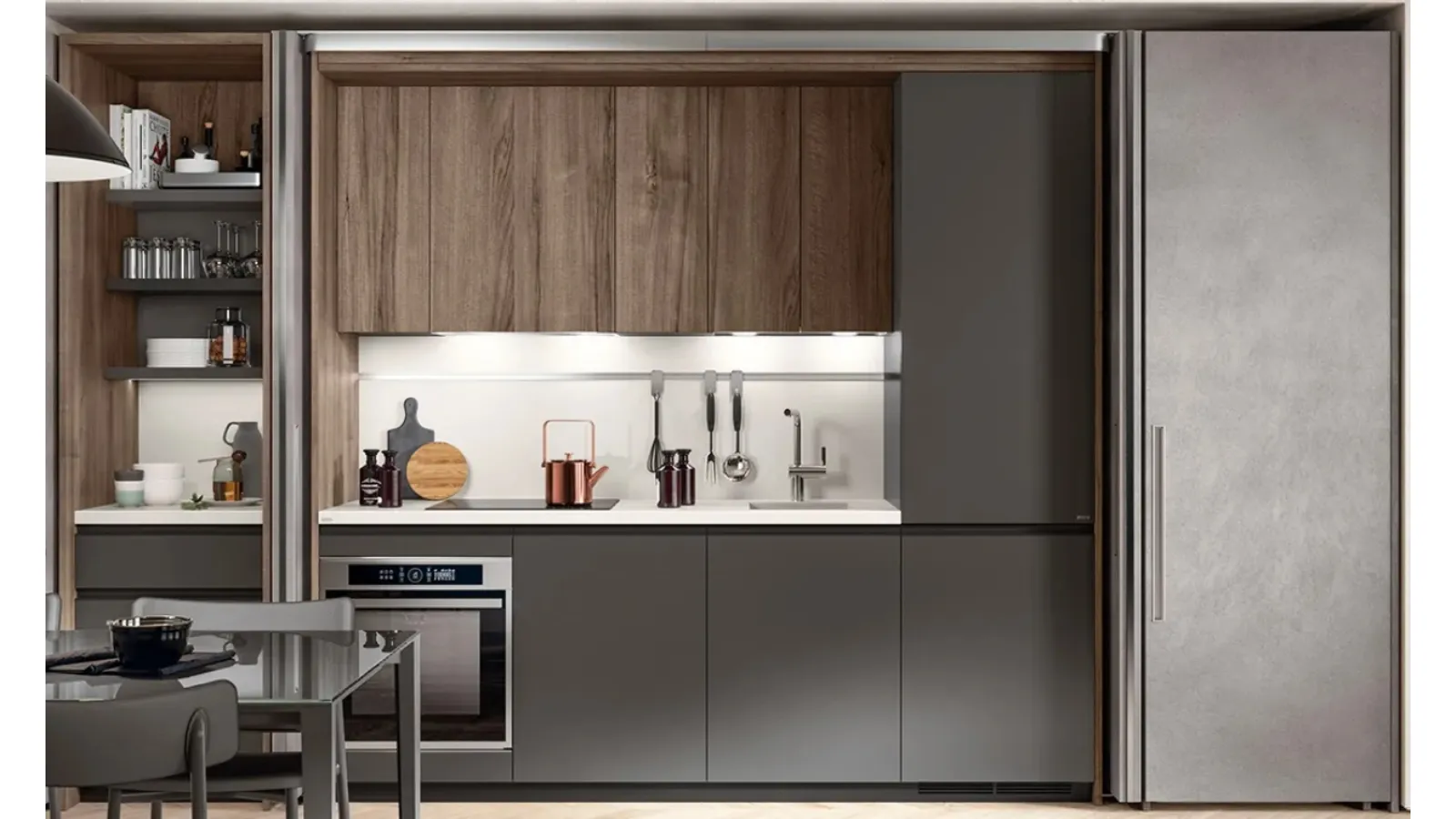 Cucina Boxi in Grigio Ferro opaco e Noce Garden di Scavolini