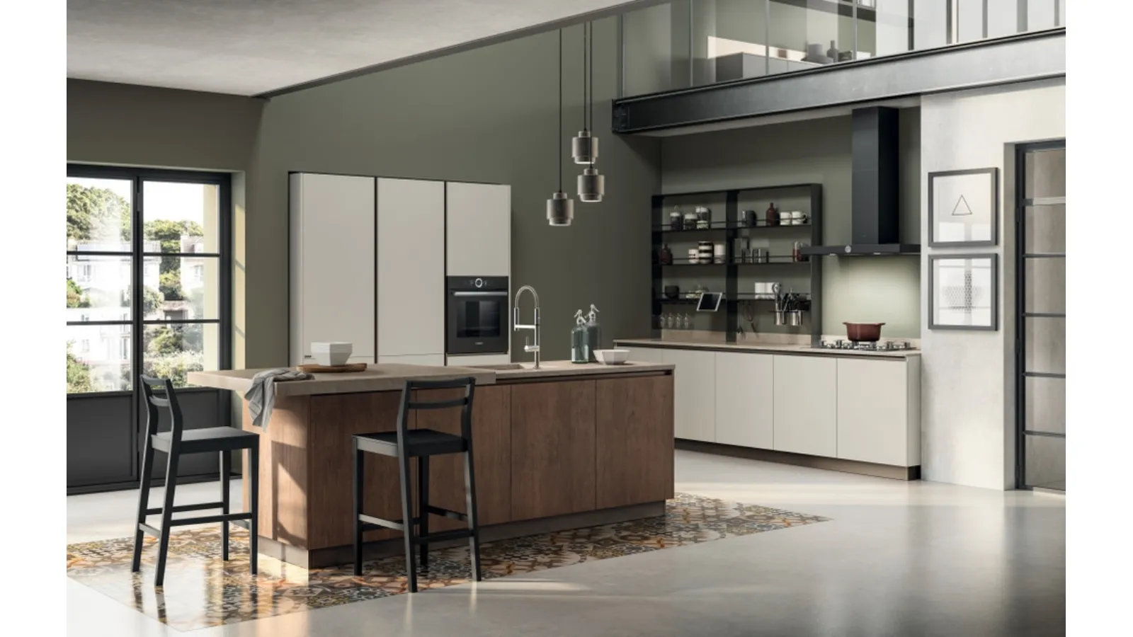 Cucina su misura con isola Evolution in laccato opaco Bianco e alluminio Antracite di Scavolini